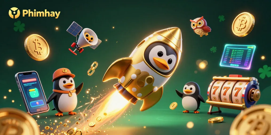 Play slots with Phimhay's casino-themed illustration featuring a golden penguin in space.