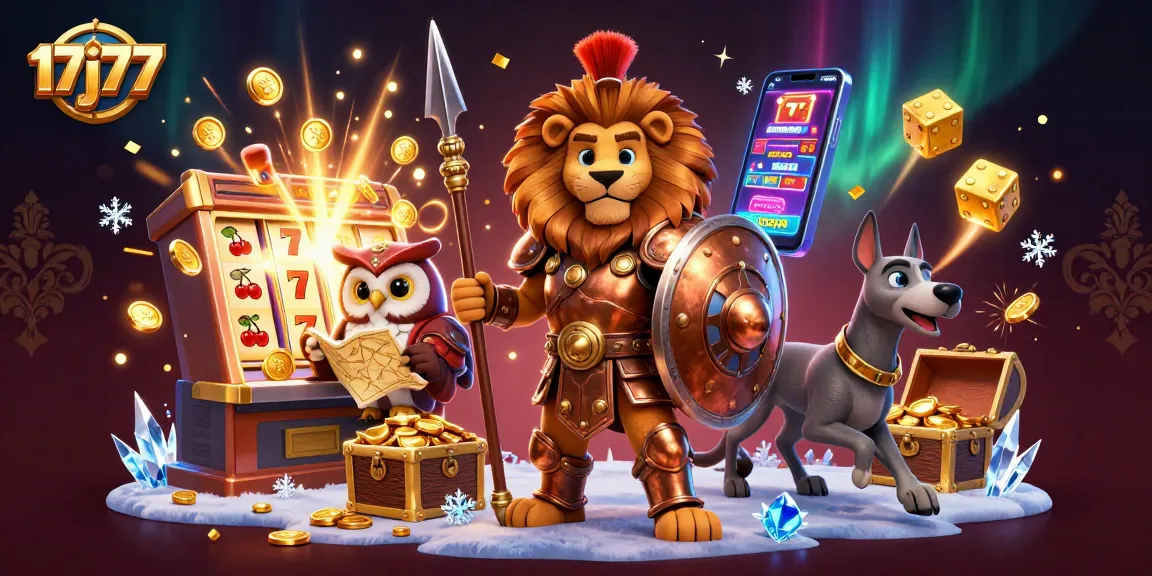 Experience the thrilling 17j77 jackpot scene with golden coins, slot machines, and heroic characters.