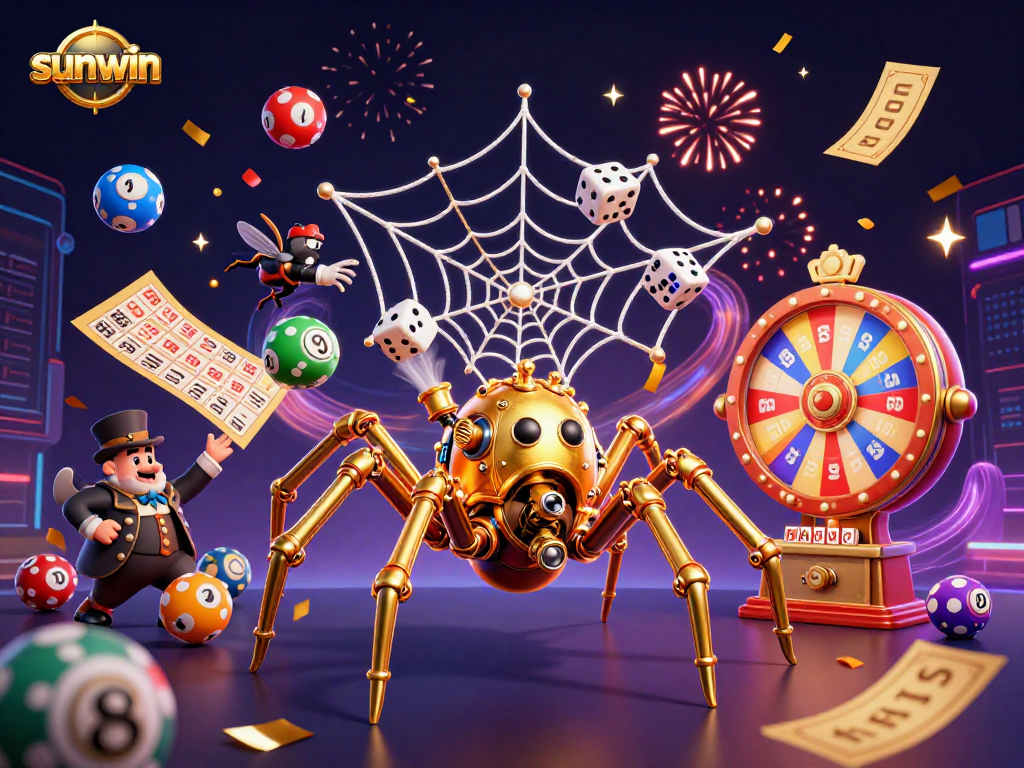 Engage with sunwin's steampunk-themed lottery spectacle, where golden spiders weave luck, and colorful balls bounce joyfully.