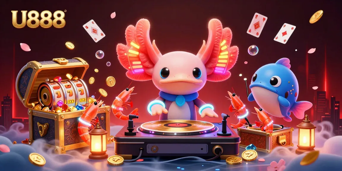Experience the vibrant world of U888 with a neon axolotl DJ, surrounded by casino elements and underwater treasures.