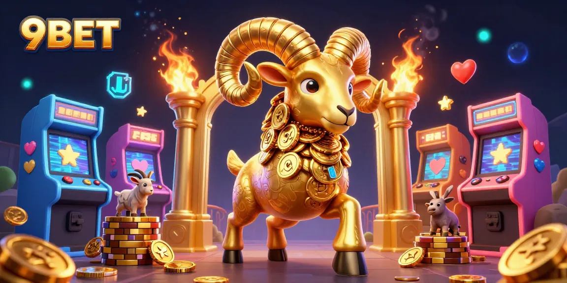 Engage in thrilling action with 9BET's golden ram charging at a golden gate amidst casino excitement.