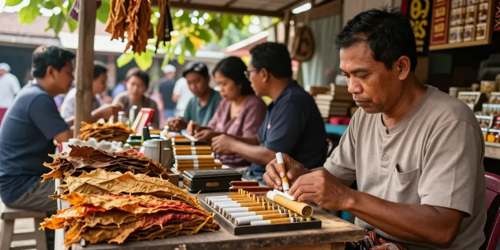 Artisan crafting rokok 88 in a lively market setting.