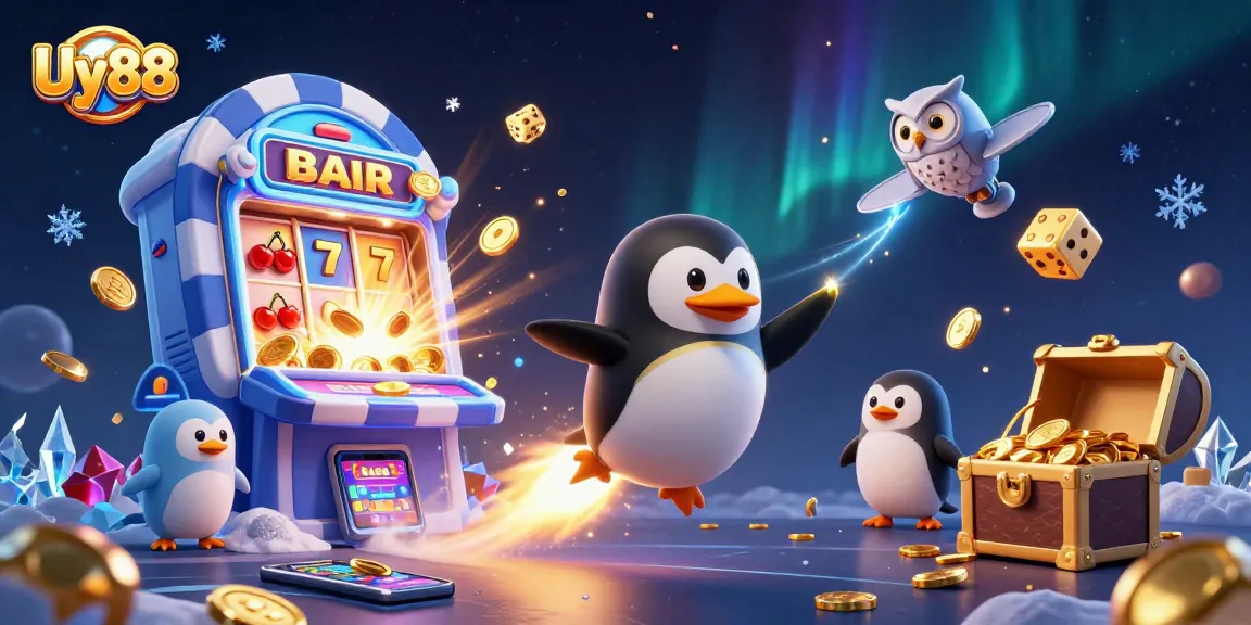 Win big at Uy88 with a 3D golden penguin racing toward a jackpot casino adventure.