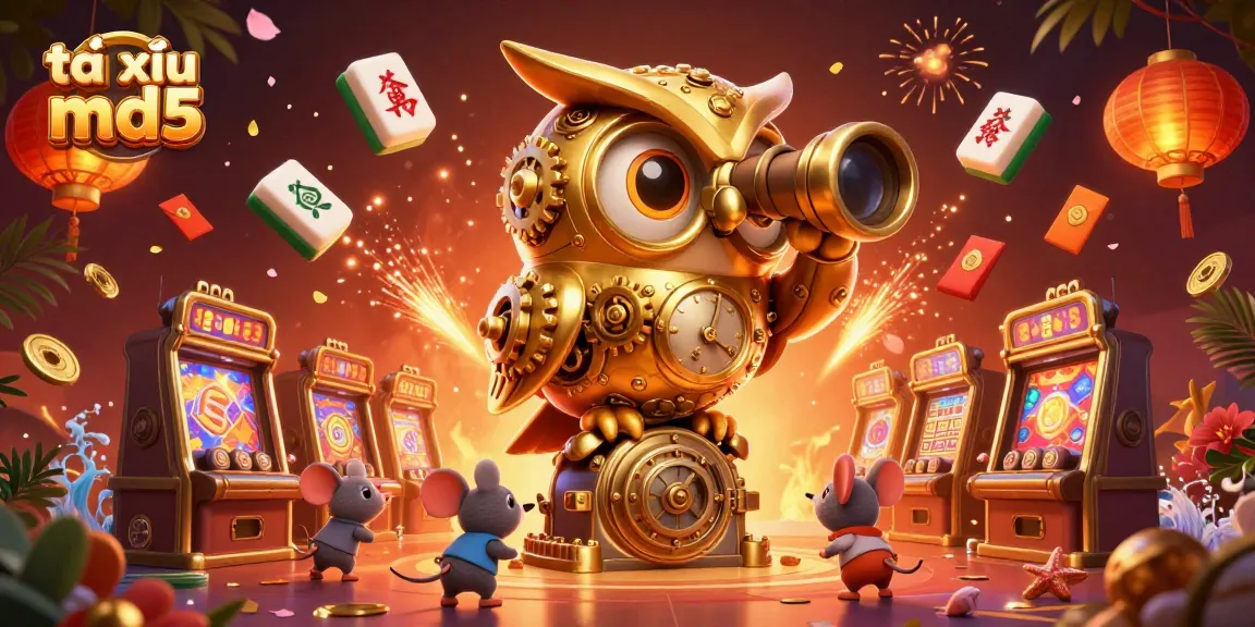Experience the thrill of tài xỉu md5 in this vibrant casino scene featuring a golden owl, mice, and slot machines.