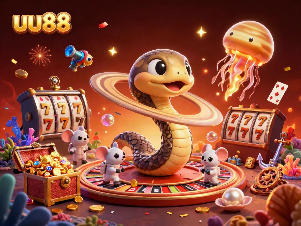 Bet on uu88 with astronaut mice on a cosmic roulette in an ultra-detailed casino scene.