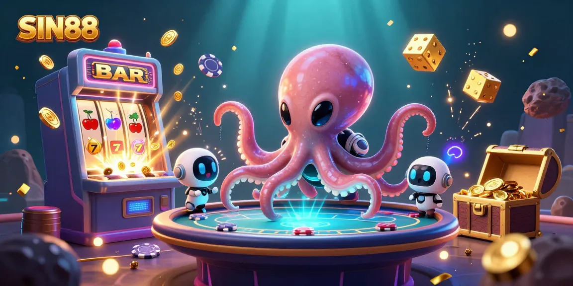 SIN88 showcases a vibrant alien octopus at a poker table amid jackpot elements, creating an exciting betting atmosphere.