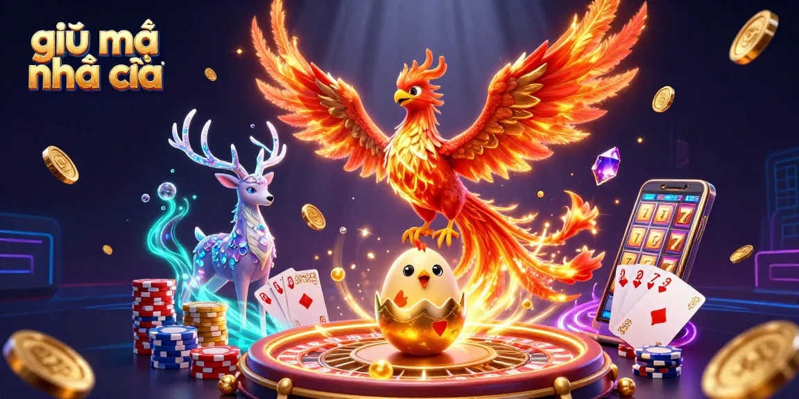 Engaging illustration of giải mã nhà cái with a phoenix and stag amidst vibrant casino elements.
