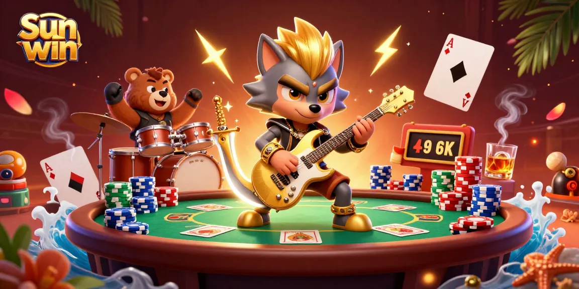 Engage in the thrilling Sun win gaming experience with vivid casino action featuring a rock star wolf and drummer bear.