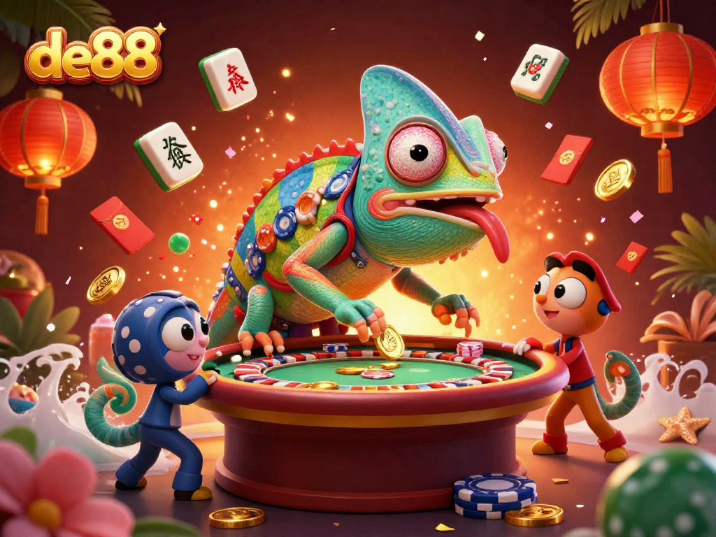 Join the action at de88 casino with vibrant gaming elements and the lively chameleon owner.
