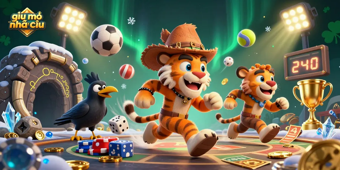 Engaging scene showcasing giải mã nhà cái with 3D characters in a lively gambling atmosphere, sports elements flying around.