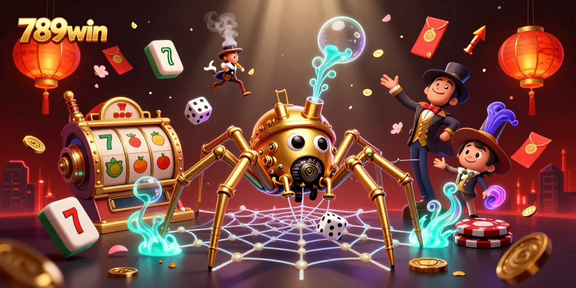Experience the thrill of 789win with a dynamic 3D casino scene featuring slot reels and vibrant game elements.