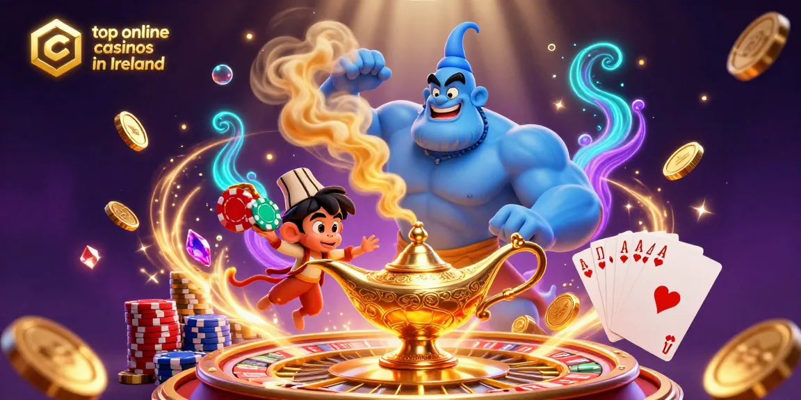 Engaging illustration showcasing top online casinos in Ireland with a blue genie, poker chips, and magic carpet.