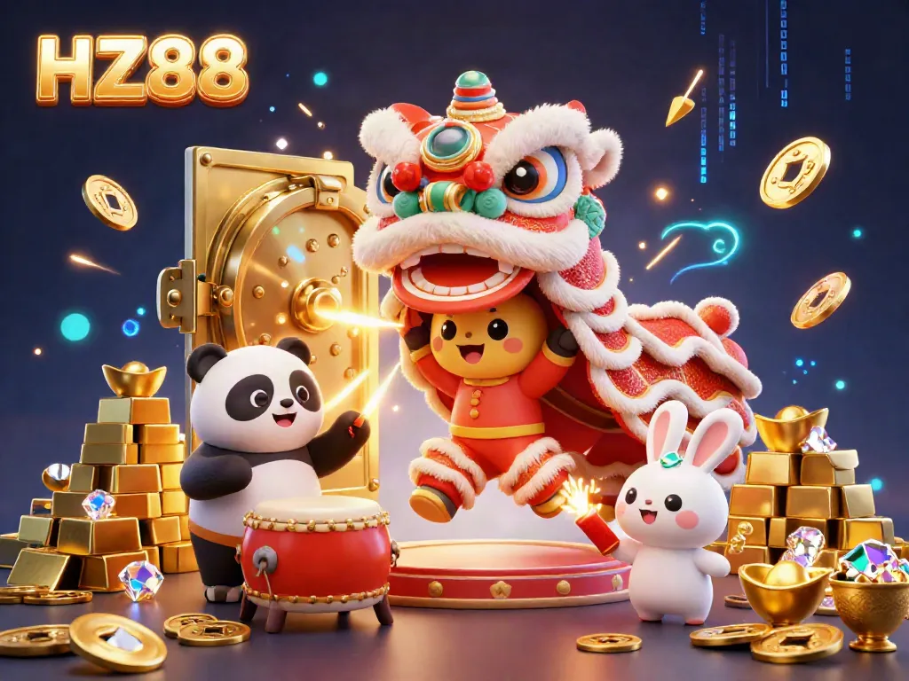 Engage with HZ88 through lively 3D visuals showcasing a casino scene with dynamic characters celebrating wins.