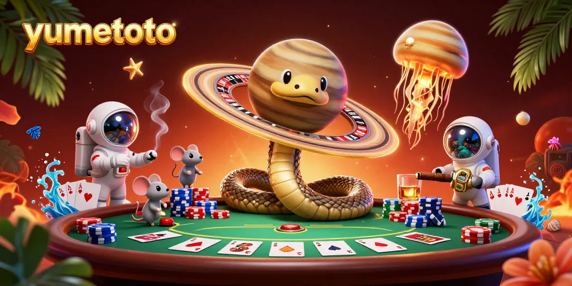Experience thrilling bets with yumetoto in a vibrant cosmic casino scene featuring roulette and poker elements.