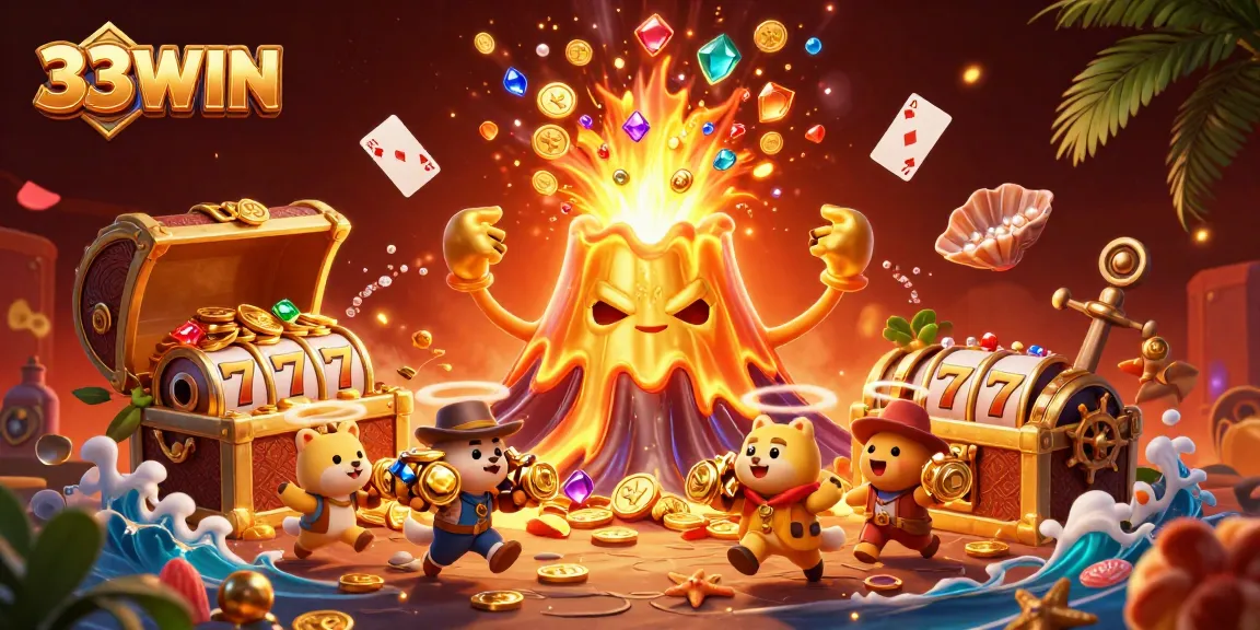 Experience the 33WIN jackpot excitement with a vibrant treasure explosion depicting riches and gaming elements.