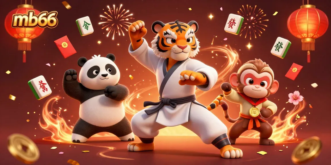 Engage in thrilling gameplay at mb66 with tiger master and panda disciple amidst decorations and colorful elements.