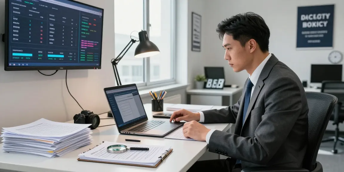 Professional workspace for document fraud detection with investigator analyzing data.