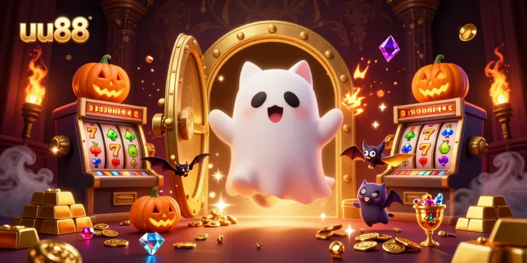 Spin the reels with uu88's vibrant 3D casino illustration featuring ghostly characters and glimmering treasures.