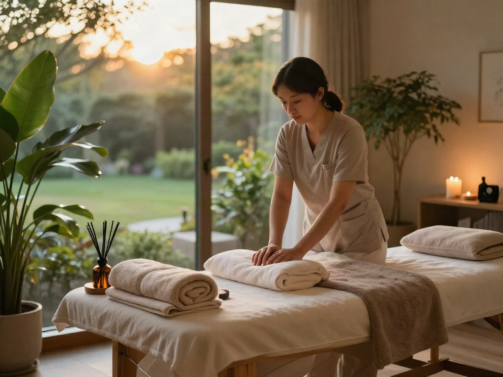 Relaxing 용인출장마사지 setting with soothing atmosphere, aromatherapy oils, and tranquil garden view.