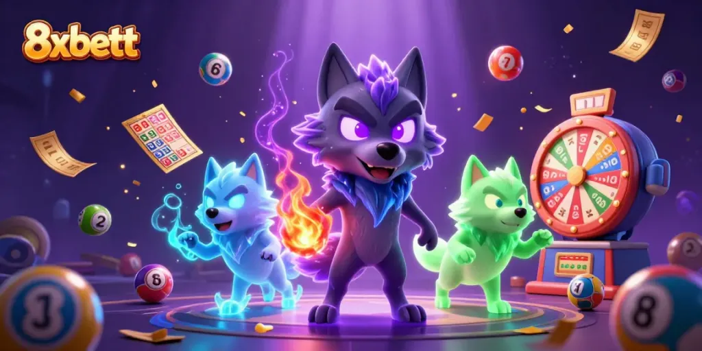 Experience thrilling games at 8xbett with dynamic lottery balls and ghostly wolves in a vibrant casino world.