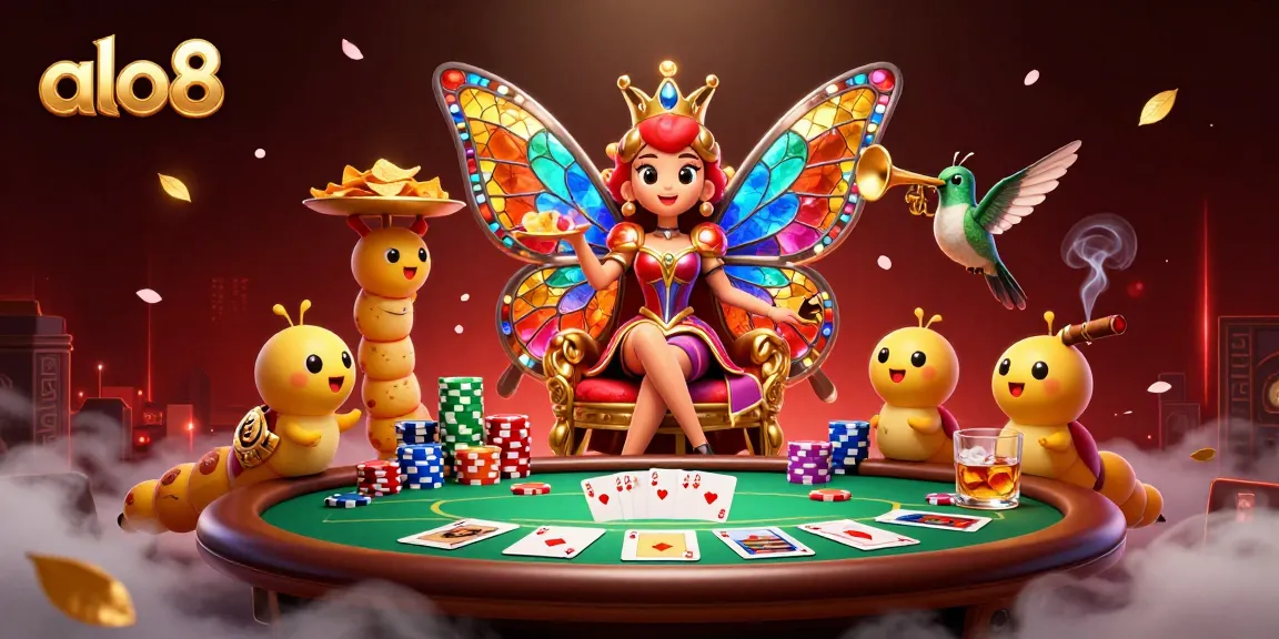 Experience excitement at alo8 with a butterfly queen and vibrant poker elements in a lively casino scene.