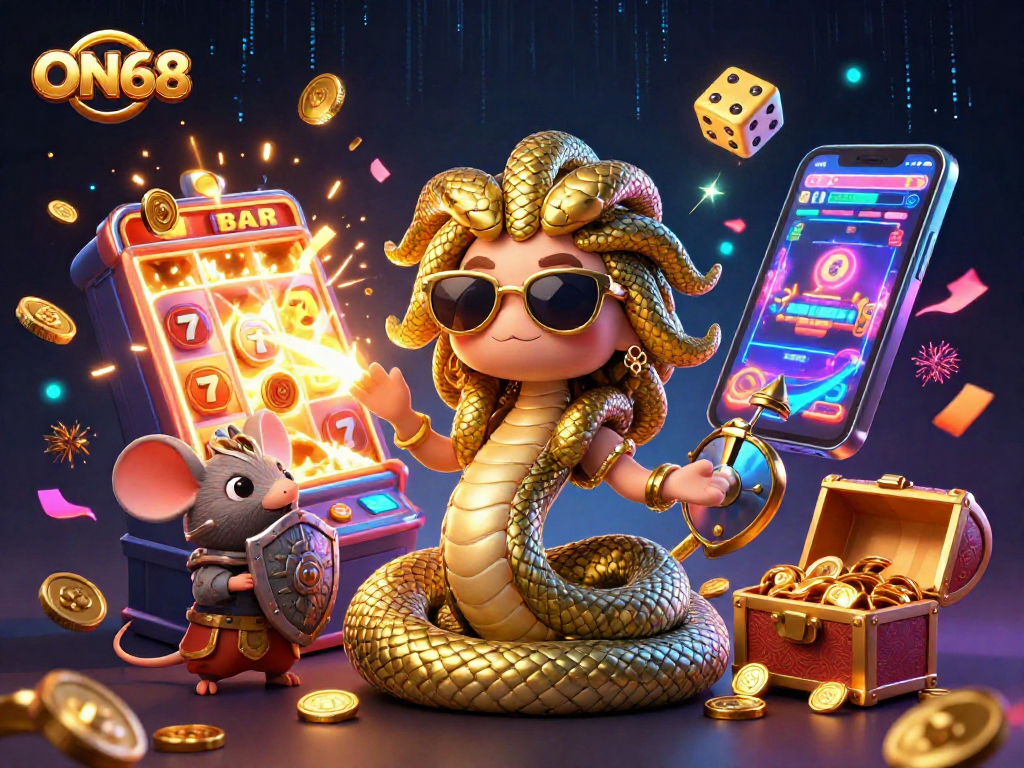 Engage with the world of ON68 through a vibrant casino-themed digital illustration showcasing Medusa and a warrior mouse.