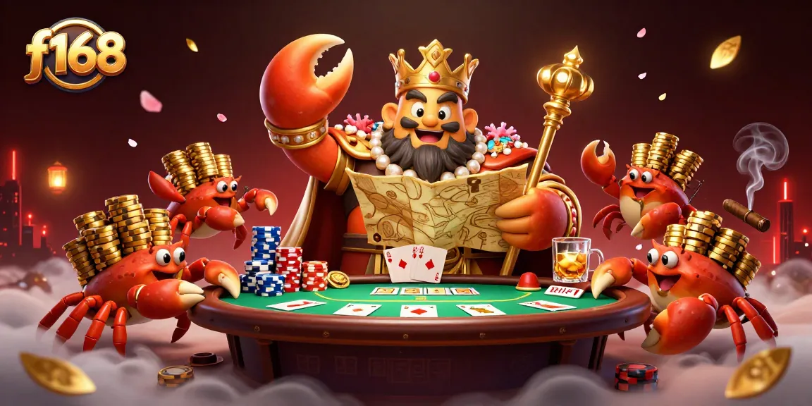 Engage in exciting gambling with f168 at a vibrant poker scene featuring a golden crab emperor.