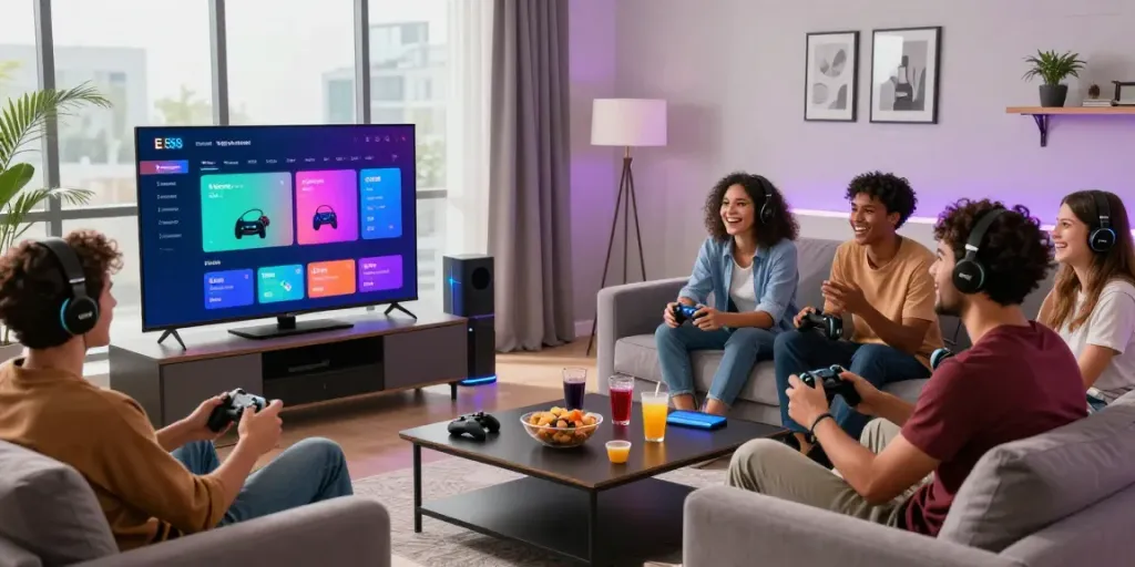 Group of friends experiencing EE88 gaming platform in lively modern living room.