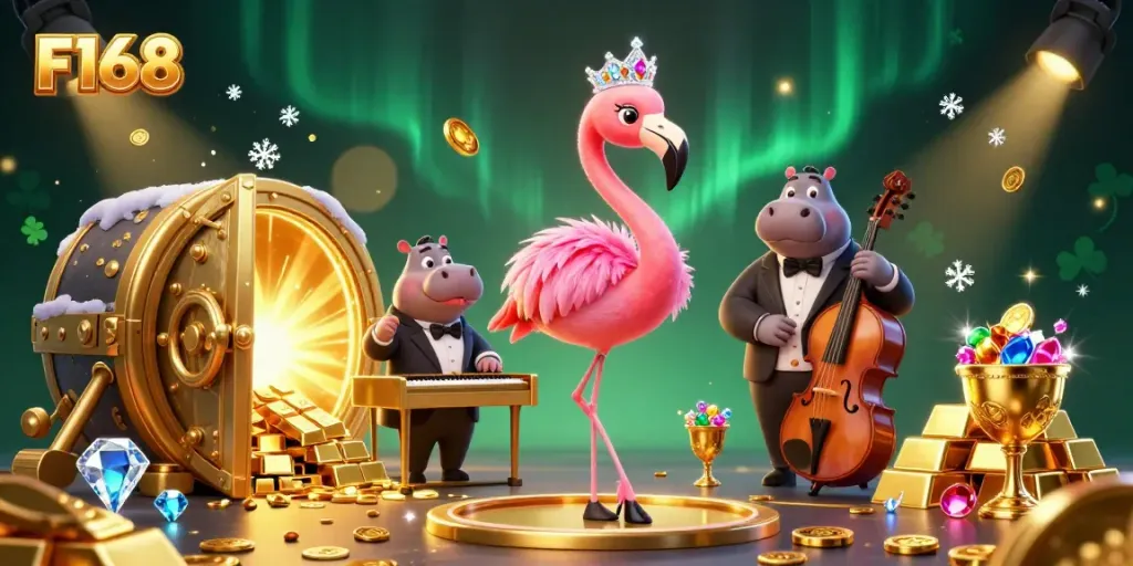 Engage with F168's vibrant casino world, featuring a flamingo singer and treasures in a dazzling atmosphere.