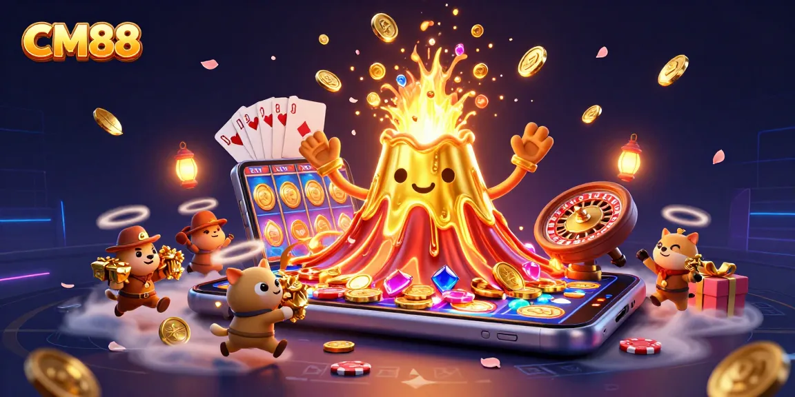 Spin and win with CM88's vibrant casino-themed illustration showcasing treasure and excitement.