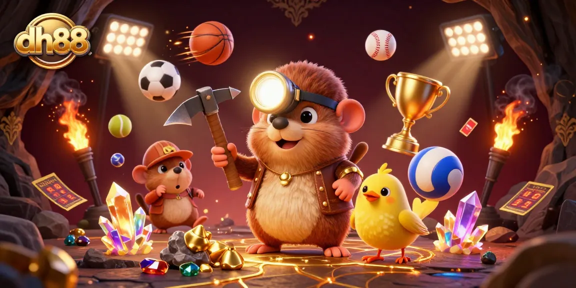Engage in thrilling gaming at dh88, showcasing a treasure hunter with sports elements in a vibrant casino scene.