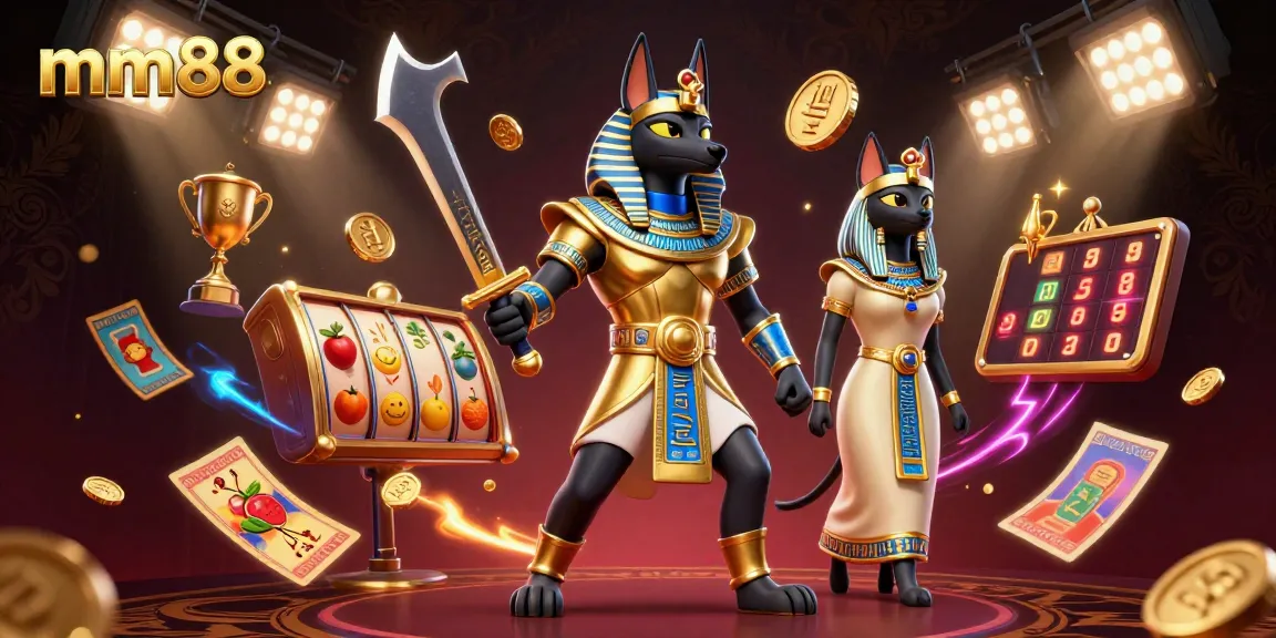 Experience thrilling gameplay at mm88 with an ultra-detailed digital illustration showcasing Anubis and Bastet in a lively casino scene.