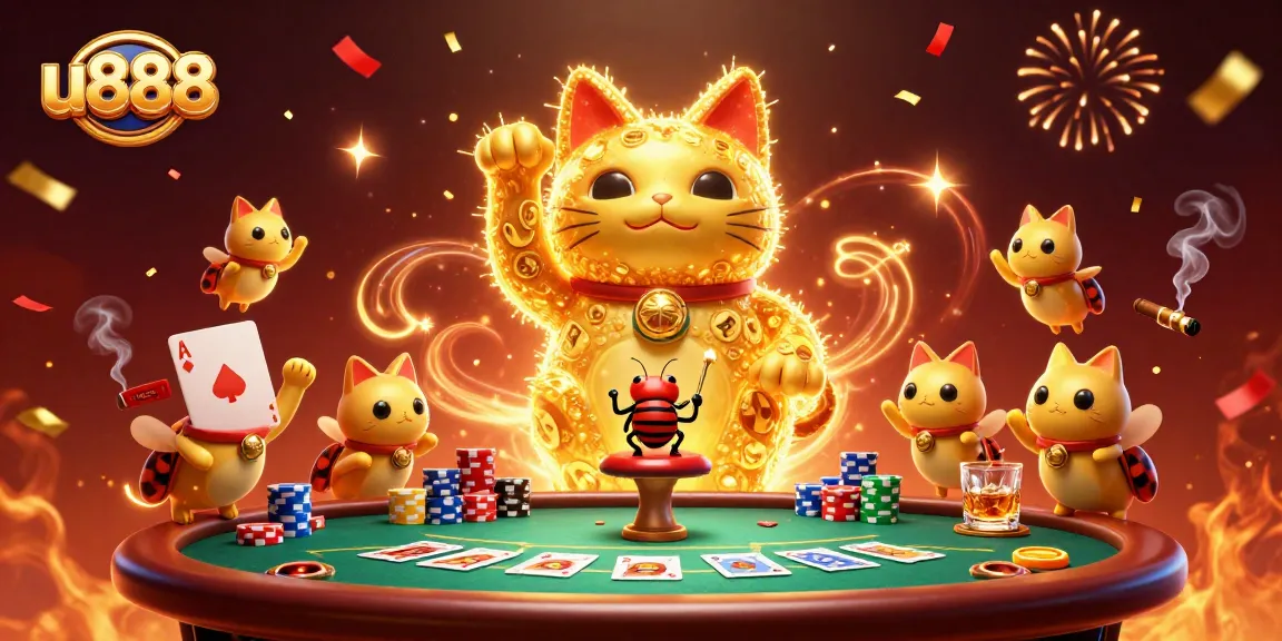 Engage with the excitement of u888's vibrant casino atmosphere featuring a lucky cat and lively elements.