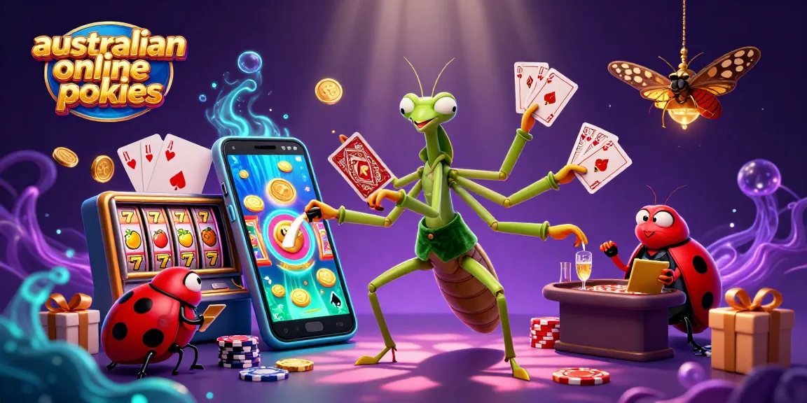 A dynamic scene showcasing australian online pokies with a colorful slot game, vibrant characters, and a rich casino atmosphere.