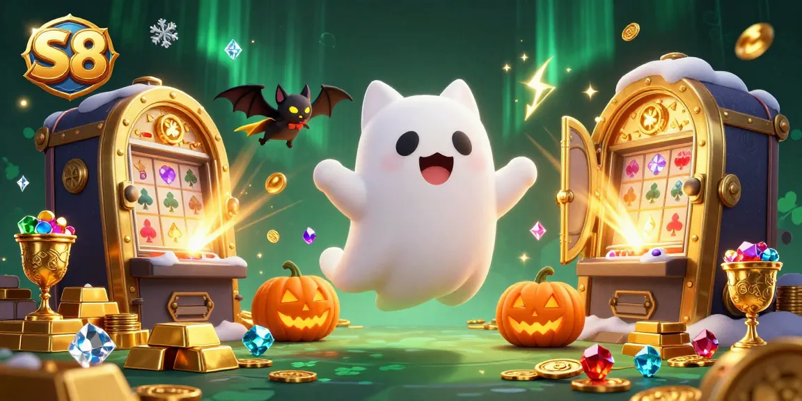 Engage in exciting gameplay at S8, featuring a magical ghost cat in a haunted casino scene.