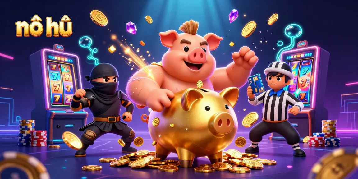 Nổ hũ gameplay with 3D characters celebrating jackpot wins through interactive elements and golden coins.