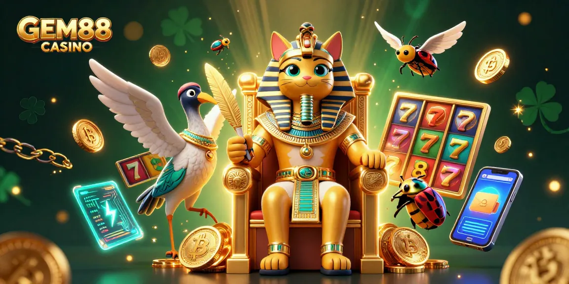 Engage with GEM88 CASINO through a vibrant 3D scene featuring an Egyptian pharaoh cat and thematic gaming elements.