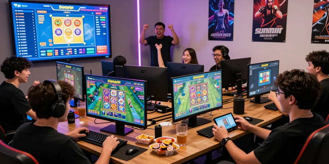 Exciting Sun win online gaming scene with diverse players engaged on mobile devices, showcasing vibrant game graphics.