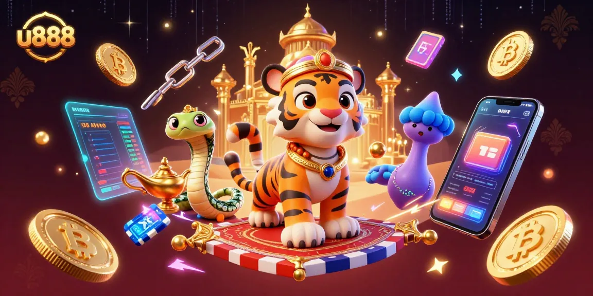 Experience u888's thrilling gaming with a vibrant illustration of a tiger sultan on a flying carpet.