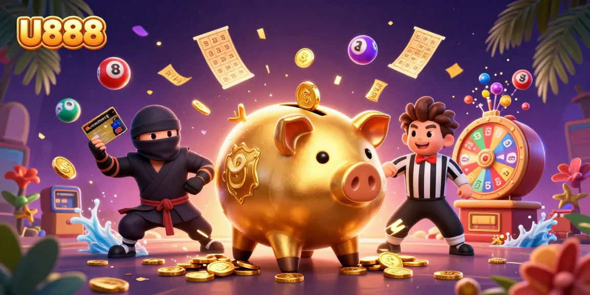 Engage in thrilling gaming at U888, featuring a dynamic 3D scene of a sumo wrestler and vibrant casino elements.