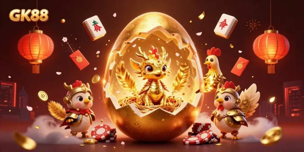 Experience the thrill at GK88 with a golden dragon and vibrant casino elements in action.
