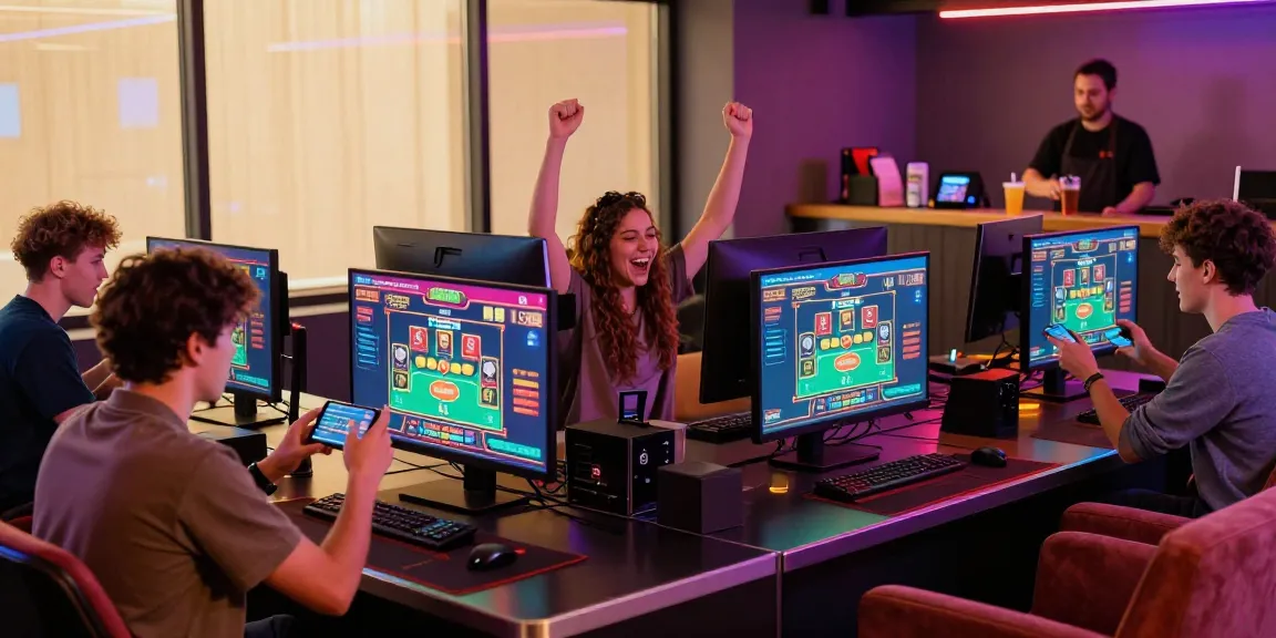 Exciting online gaming scene, featuring players enjoying go 99 in a modern lounge with neon lighting.