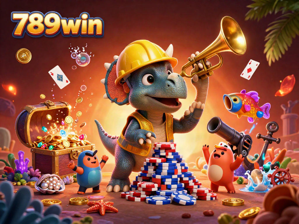 Celebrate wins with 789win in a vibrant casino scene featuring cheerful dinosaurs and treasure.