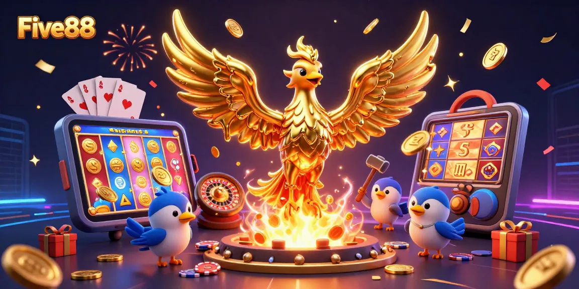 Experience the excitement of Five88 with a golden phoenix emerging from a forge, surrounded by a lively casino theme.