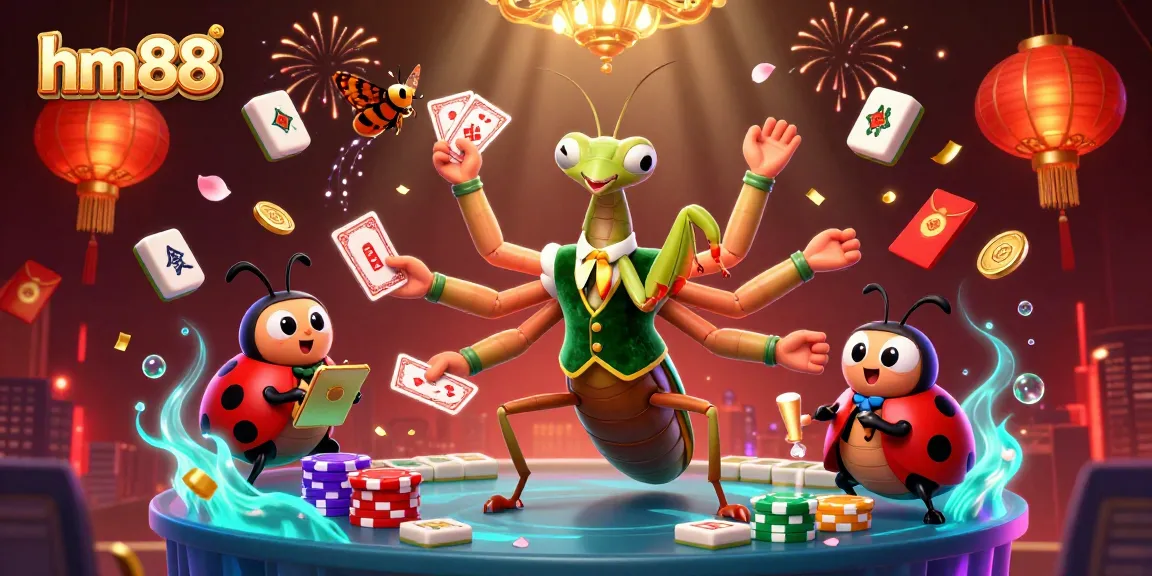 Play and win with hm88 at a vibrant casino featuring a mantis dealer and ladybug pit boss.
