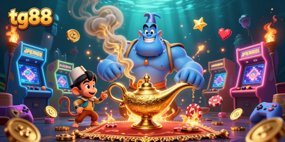 Experience thrilling gaming with tg88's vibrant 3D casino scene featuring a genie and magical elements.