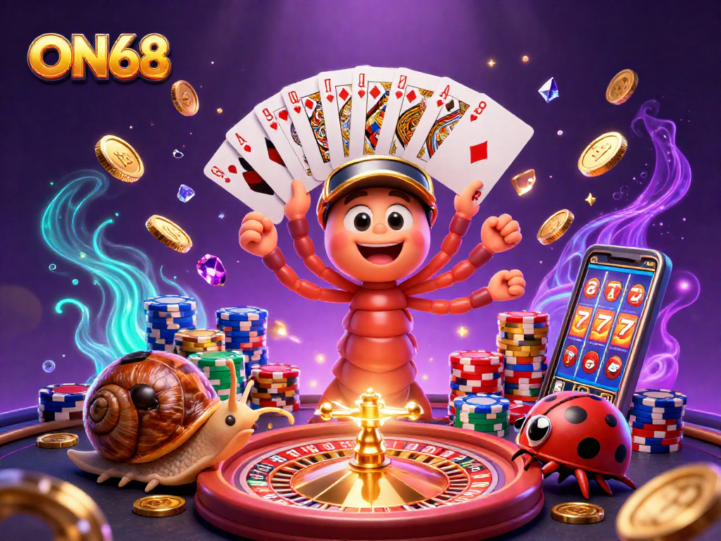 Witness the thrilling gameplay at ON68, featuring colorful characters and sparkling casino elements.