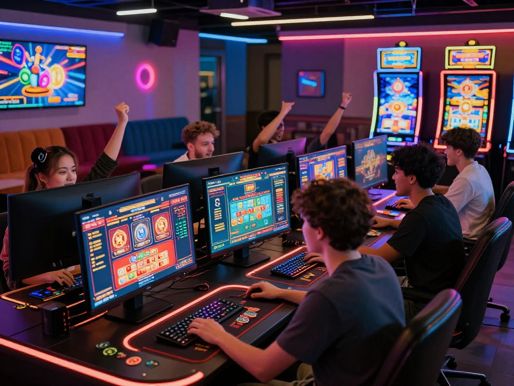 Immersive crypto casino gaming experience with players engaged at vibrant stations.
