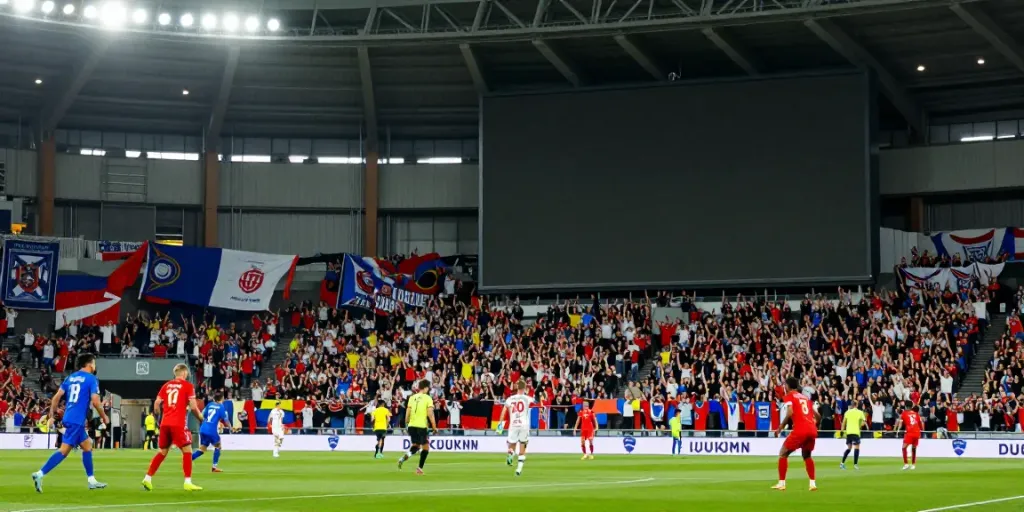 Exciting stadium scene at a GavangTV live football match with cheering fans and players in action.