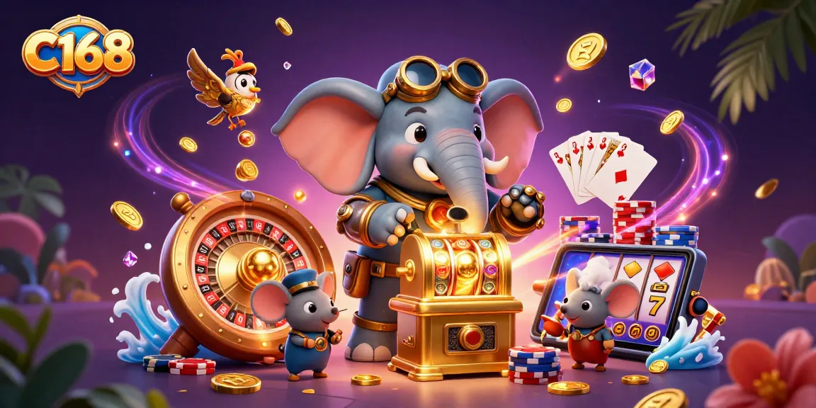 C168 players spin the golden slot machine as cascading coins and gems surround them